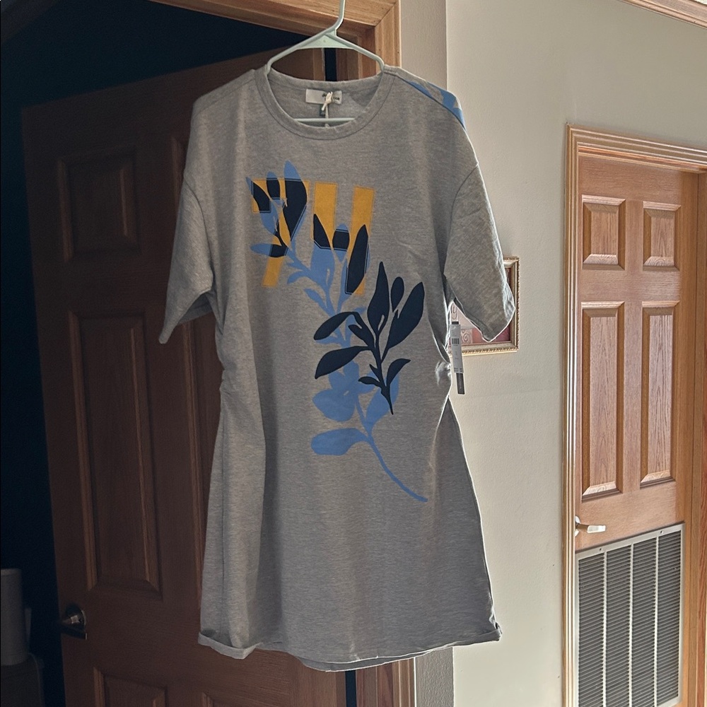 Anthropologie Gray Dress with Blue and Gold Leaf Design